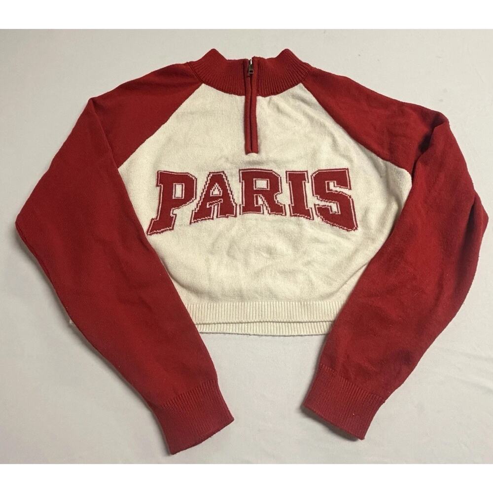 Y2K Paris Cropped Half Zip Sweater Red White Streetwear Refuge Women’s M Varsity